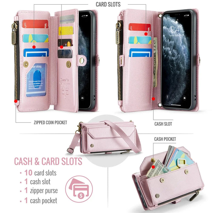 For iPhone 11 Pro Max Leather Case CASEME C36 Zipper Multiple Card Slots Phone Cover with Straps - Pink - 4