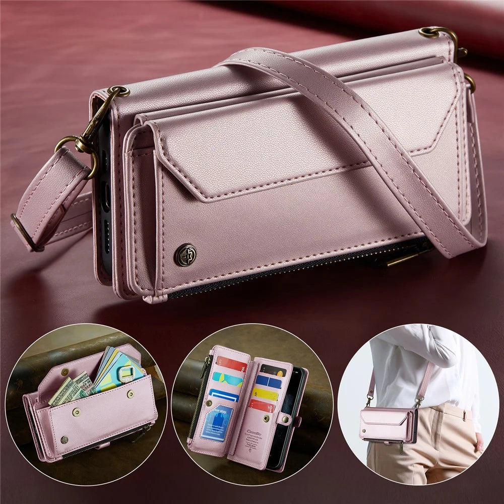 For iPhone 11 Pro Max Leather Case CASEME C36 Zipper Multiple Card Slots Phone Cover with Straps - Pink - 5