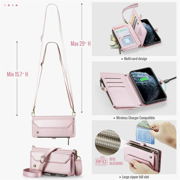 For iPhone 11 Pro Max Leather Case CASEME C36 Zipper Multiple Card Slots Phone Cover with Straps - Pink - 6