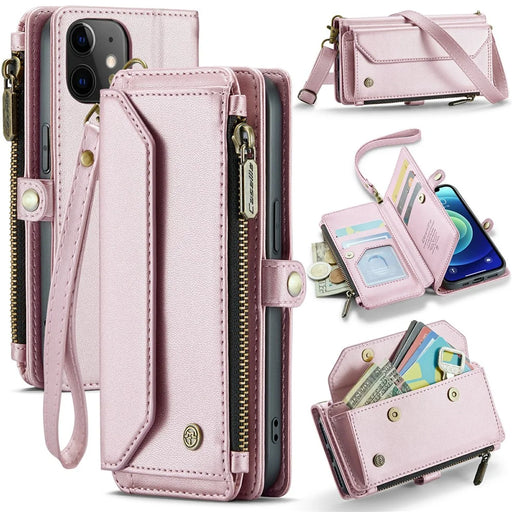 For iPhone 12 mini Leather Case CASEME C36 Zipper Multiple Card Slots Phone Cover with Straps - Pink - 1