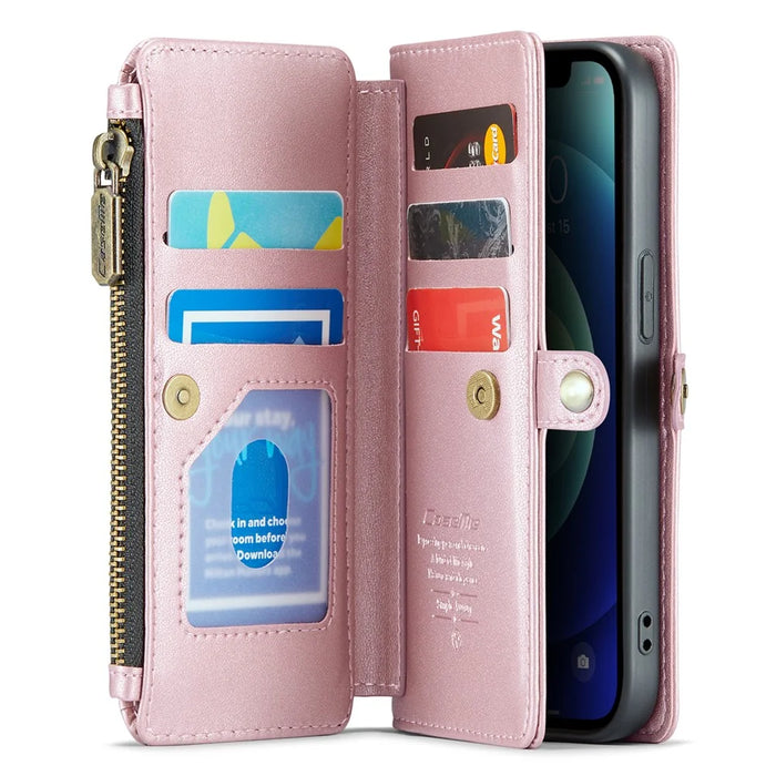 For iPhone 12 mini Leather Case CASEME C36 Zipper Multiple Card Slots Phone Cover with Straps - Pink - 2