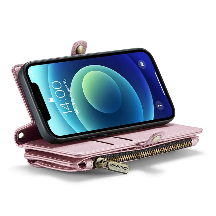 For iPhone 12 mini Leather Case CASEME C36 Zipper Multiple Card Slots Phone Cover with Straps - Pink - 3