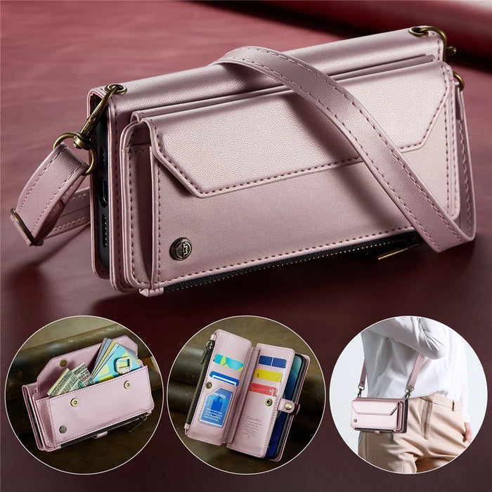 For iPhone 12 mini Leather Case CASEME C36 Zipper Multiple Card Slots Phone Cover with Straps - Pink - 5