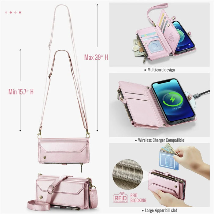 For iPhone 12 mini Leather Case CASEME C36 Zipper Multiple Card Slots Phone Cover with Straps - Pink - 6