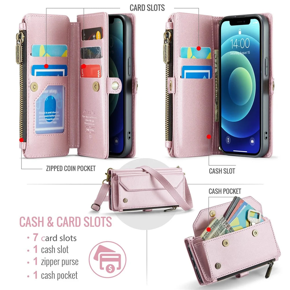 For iPhone 12 / 12 Pro Leather Case CASEME C36 Zipper Multiple Card Slots Phone Cover with Straps - Pink - 4