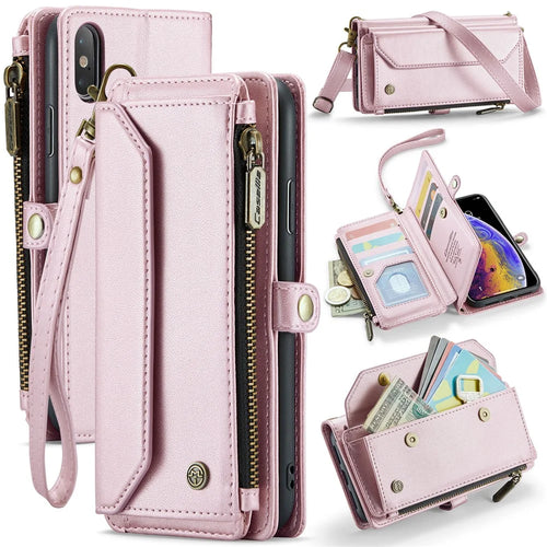 For iPhone XS Max Leather Case CASEME C36 Zipper Multiple Card Slots Phone Cover with Straps - Pink - 1