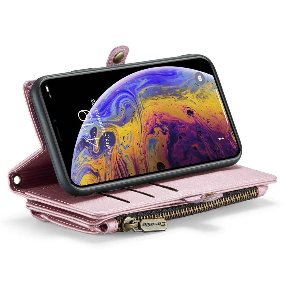 For iPhone XS Max Leather Case CASEME C36 Zipper Multiple Card Slots Phone Cover with Straps - Pink - 3