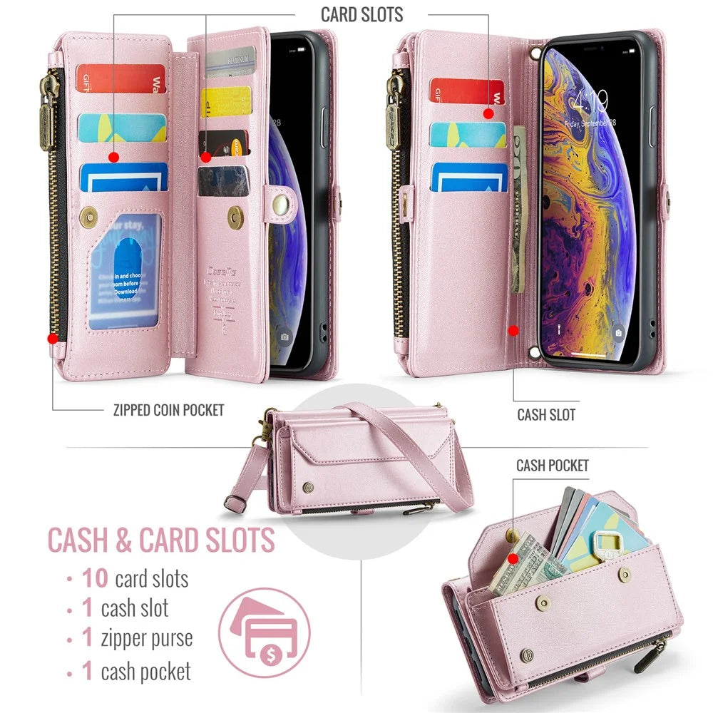 For iPhone XS Max Leather Case CASEME C36 Zipper Multiple Card Slots Phone Cover with Straps - Pink - 4