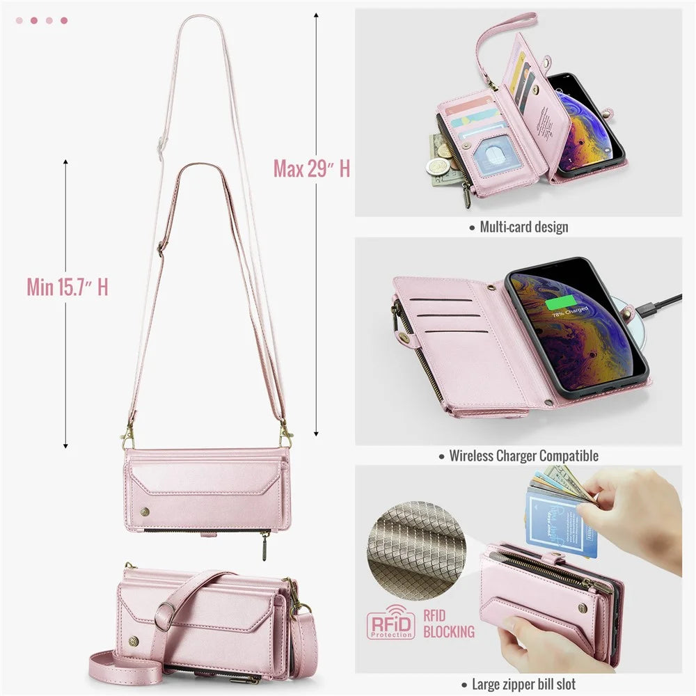 For iPhone XS Max Leather Case CASEME C36 Zipper Multiple Card Slots Phone Cover with Straps - Pink - 5