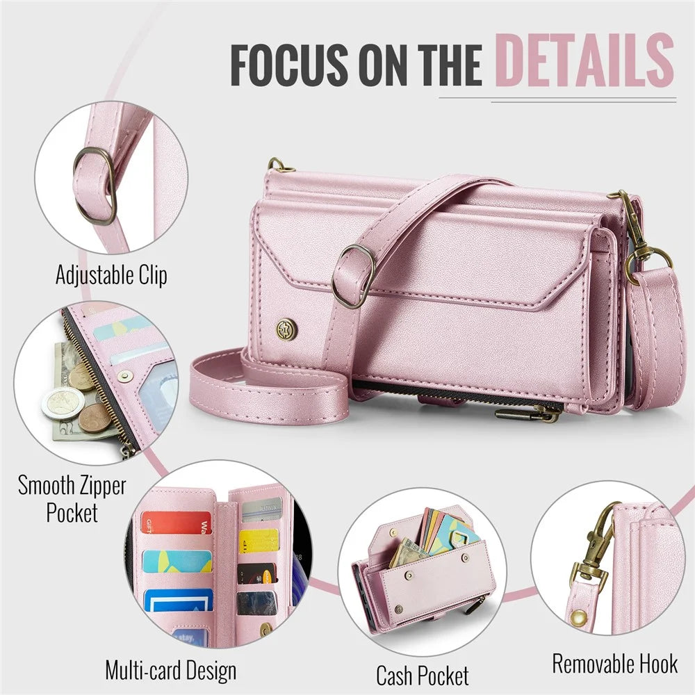 For iPhone XS Max Leather Case CASEME C36 Zipper Multiple Card Slots Phone Cover with Straps - Pink - 7