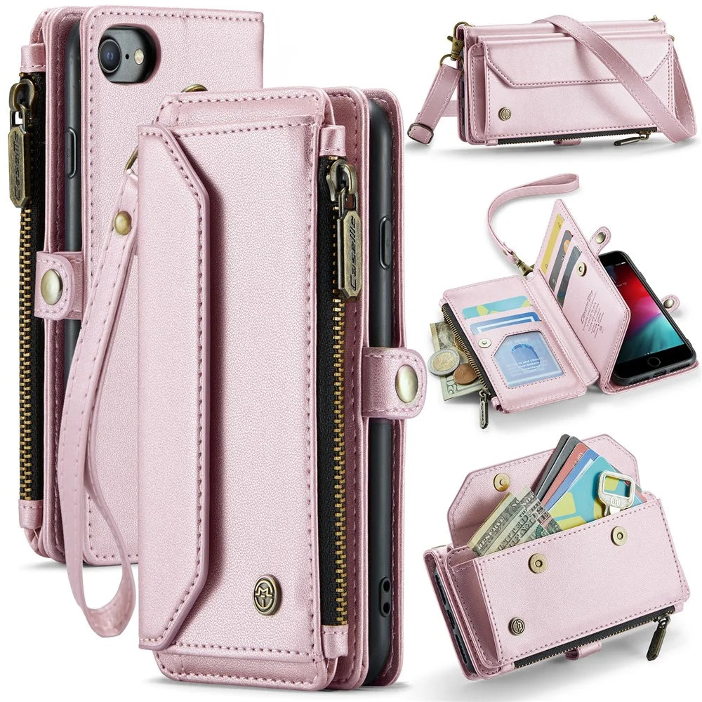 For iPhone 6 / 6s / 7 / 8 / SE (2020) / SE (2022) Leather Case CASEME C36 Zipper Multiple Card Slots Phone Cover with Straps - Pink - 1
