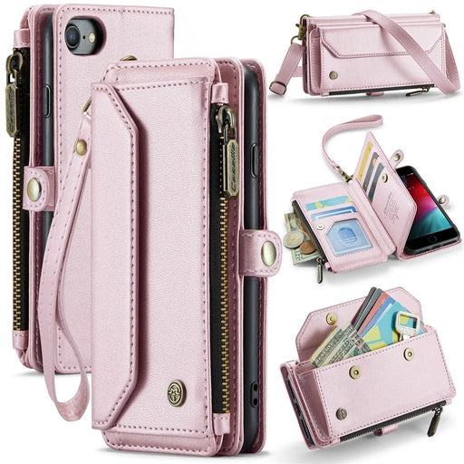For iPhone 6 / 6s / 7 / 8 / SE (2020) / SE (2022) Leather Case CASEME C36 Zipper Multiple Card Slots Phone Cover with Straps - Pink - 1