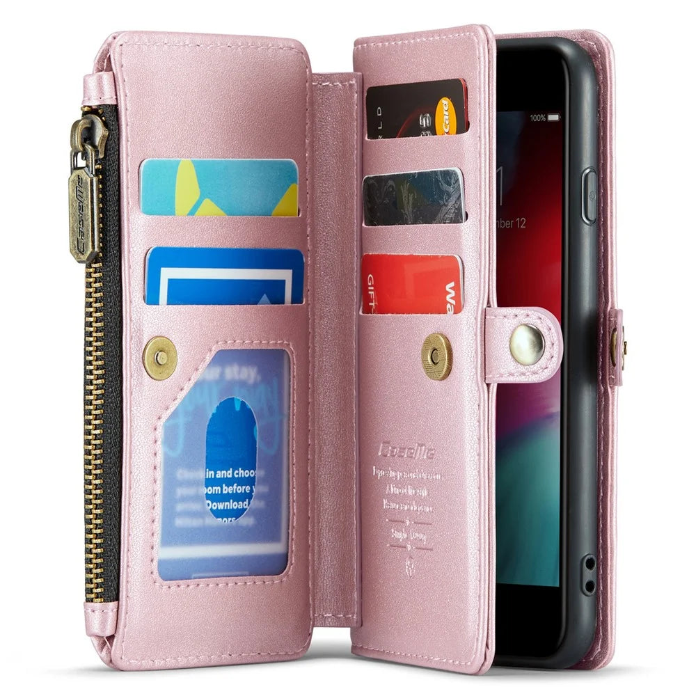 For iPhone 6 / 6s / 7 / 8 / SE (2020) / SE (2022) Leather Case CASEME C36 Zipper Multiple Card Slots Phone Cover with Straps - Pink - 2