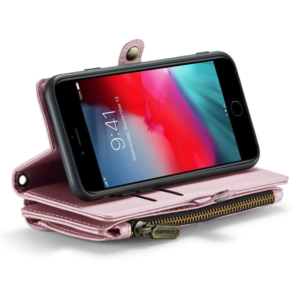 For iPhone 6 / 6s / 7 / 8 / SE (2020) / SE (2022) Leather Case CASEME C36 Zipper Multiple Card Slots Phone Cover with Straps - Pink - 3