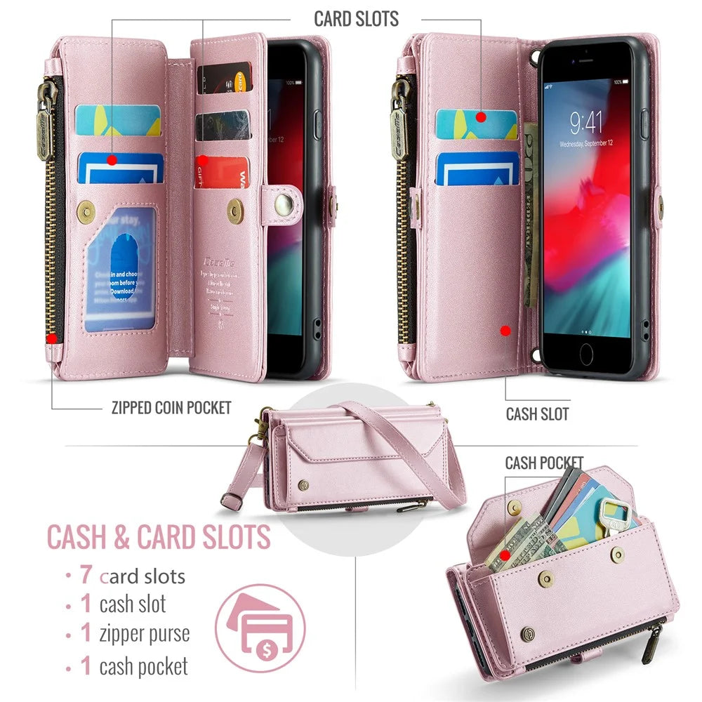 For iPhone 6 / 6s / 7 / 8 / SE (2020) / SE (2022) Leather Case CASEME C36 Zipper Multiple Card Slots Phone Cover with Straps - Pink - 4