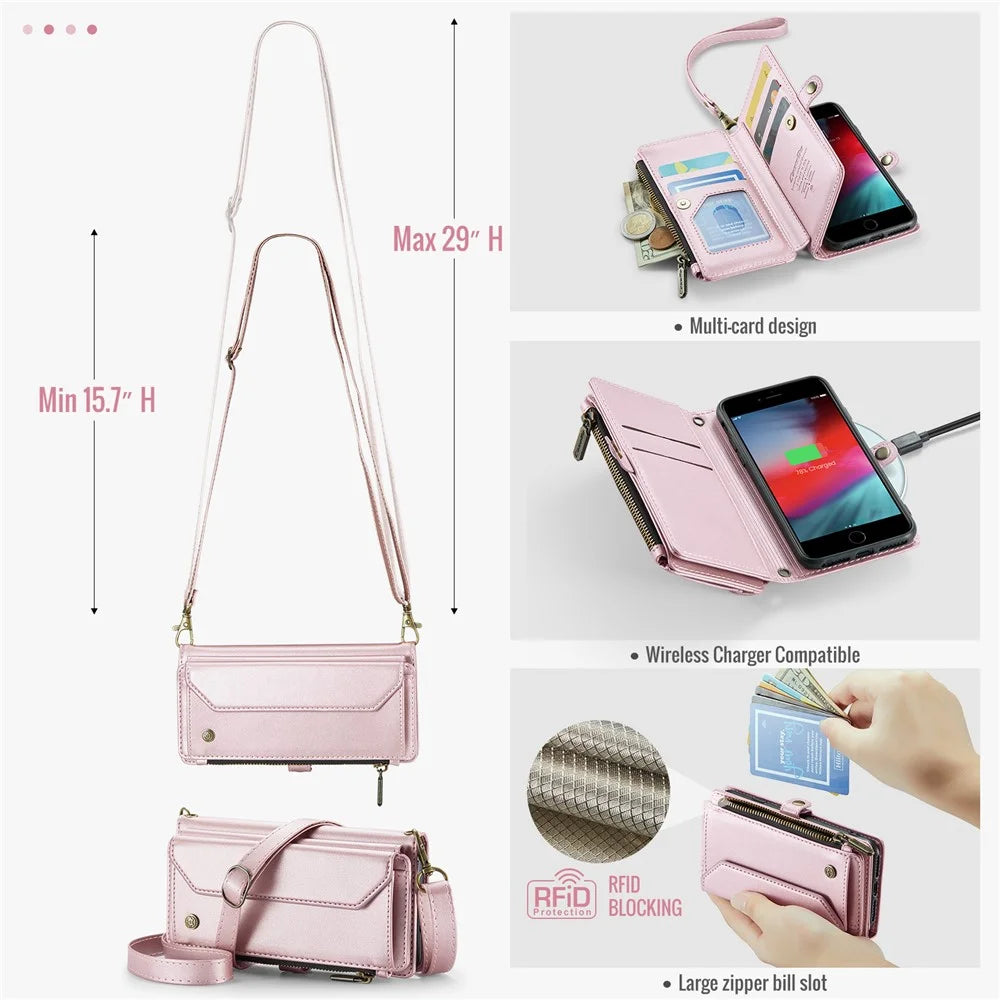 For iPhone 6 / 6s / 7 / 8 / SE (2020) / SE (2022) Leather Case CASEME C36 Zipper Multiple Card Slots Phone Cover with Straps - Pink - 5