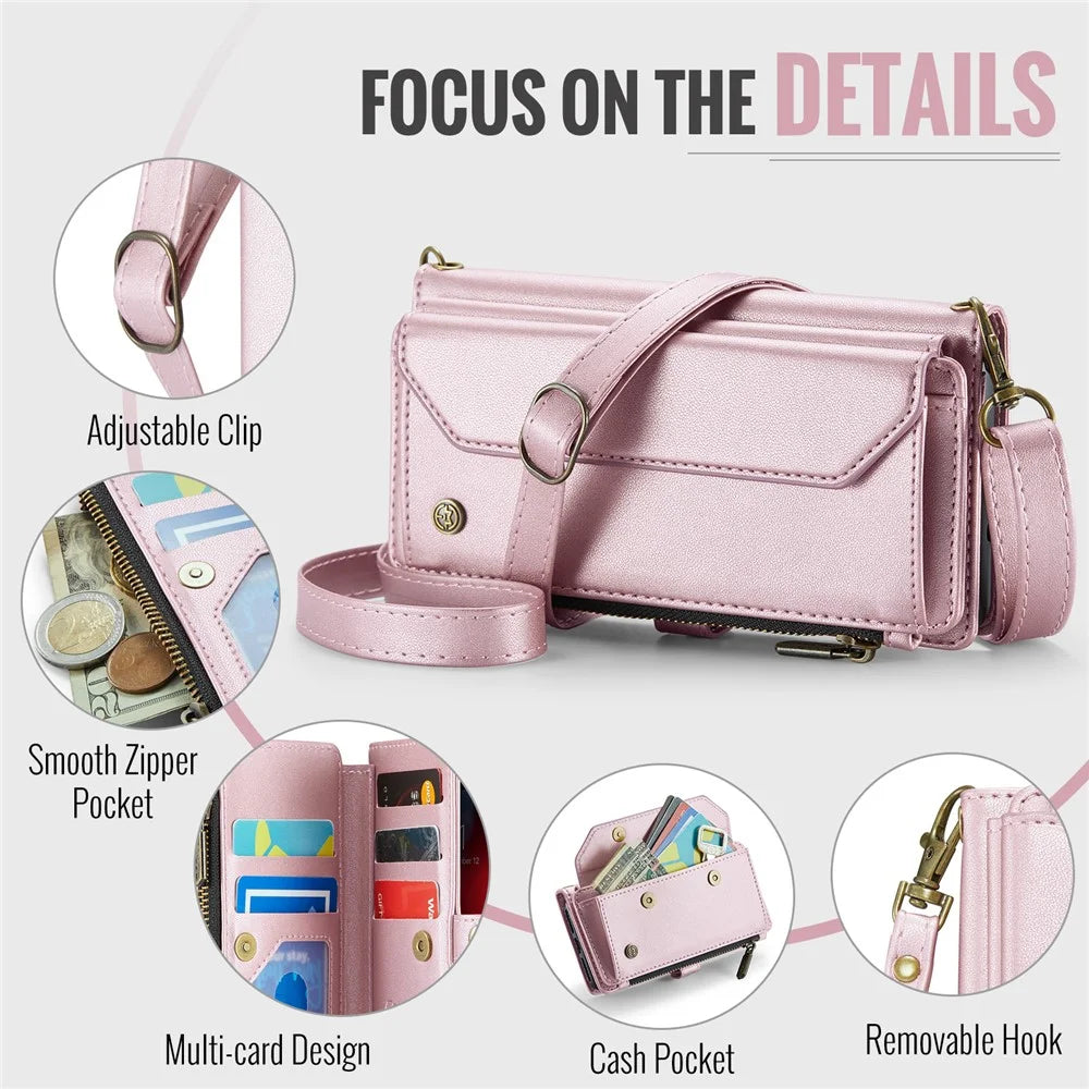 For iPhone 6 / 6s / 7 / 8 / SE (2020) / SE (2022) Leather Case CASEME C36 Zipper Multiple Card Slots Phone Cover with Straps - Pink - 7
