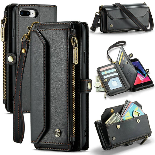 For iPhone 6 Plus / 6s Plus / 7 Plus / 8 Plus Leather Case CASEME C36 Zipper Multiple Card Slots Phone Cover with Straps - Black - 1