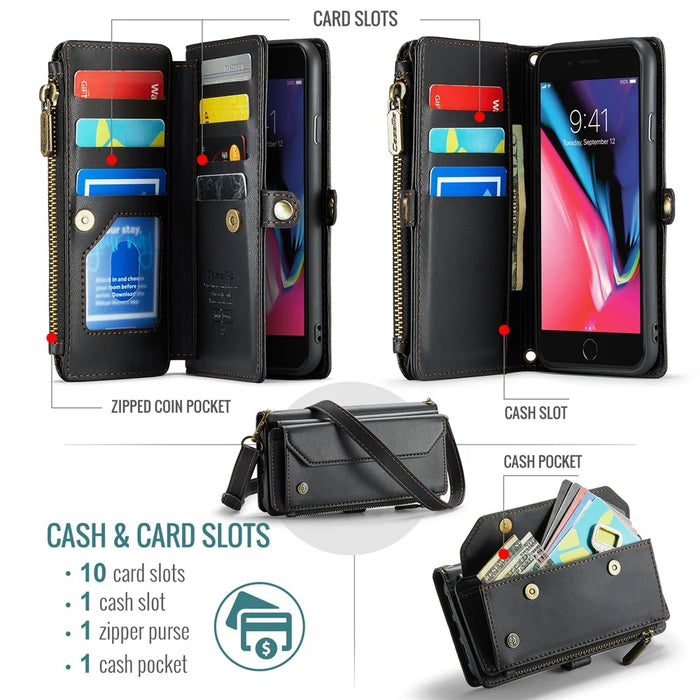 For iPhone 6 Plus / 6s Plus / 7 Plus / 8 Plus Leather Case CASEME C36 Zipper Multiple Card Slots Phone Cover with Straps - Black - 4