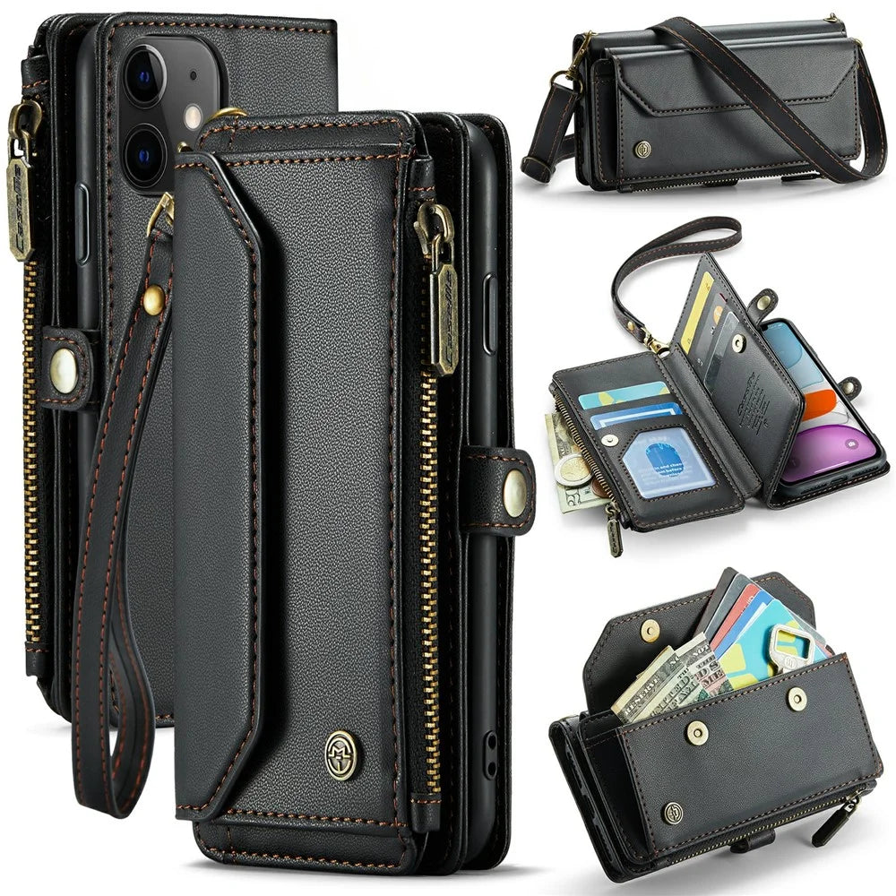 For iPhone 11 Leather Case CASEME C36 Zipper Multiple Card Slots Phone Cover with Straps - Black - 1