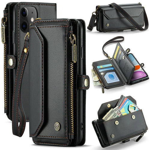 For iPhone 11 Leather Case CASEME C36 Zipper Multiple Card Slots Phone Cover with Straps - Black - 1