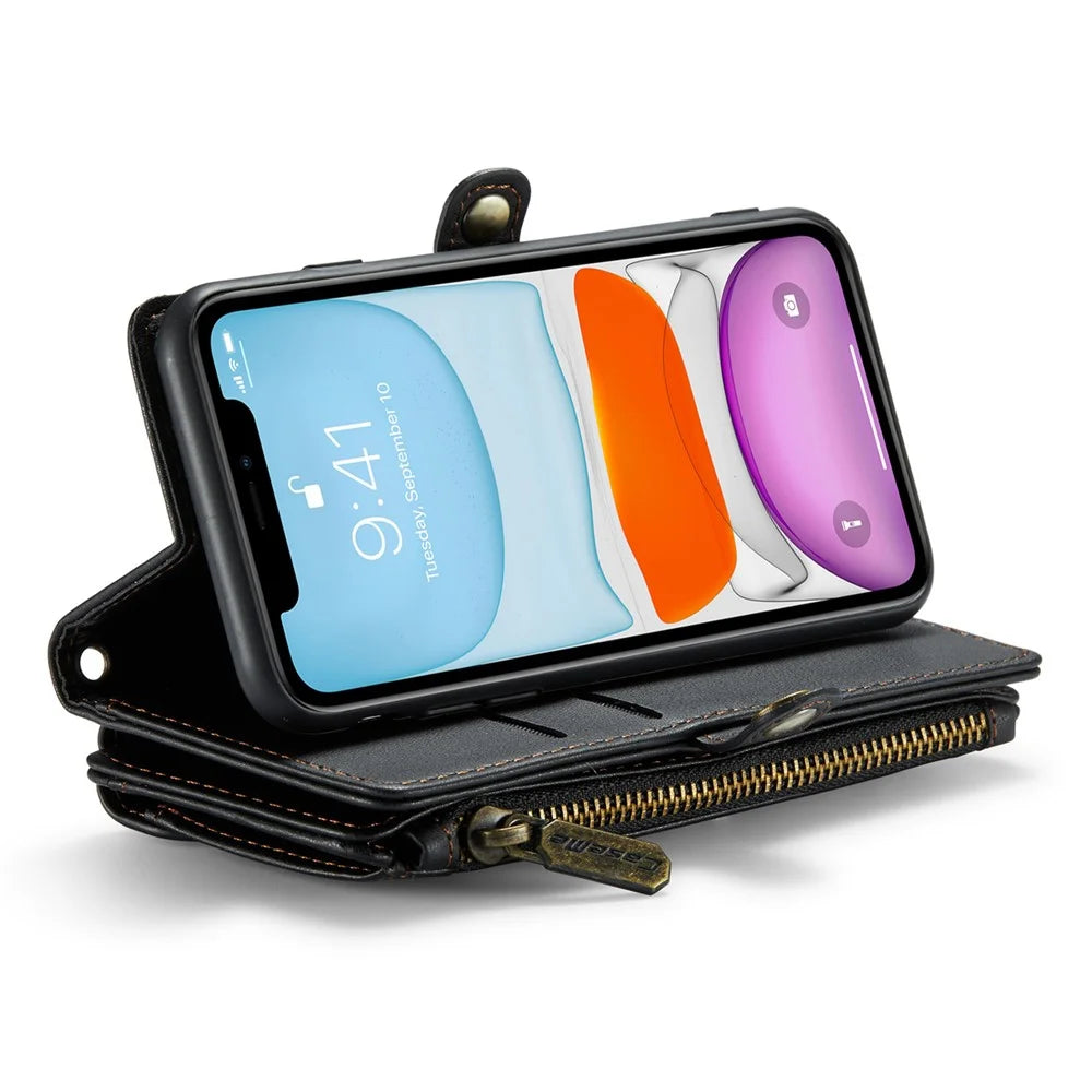 For iPhone 11 Leather Case CASEME C36 Zipper Multiple Card Slots Phone Cover with Straps - Black - 3