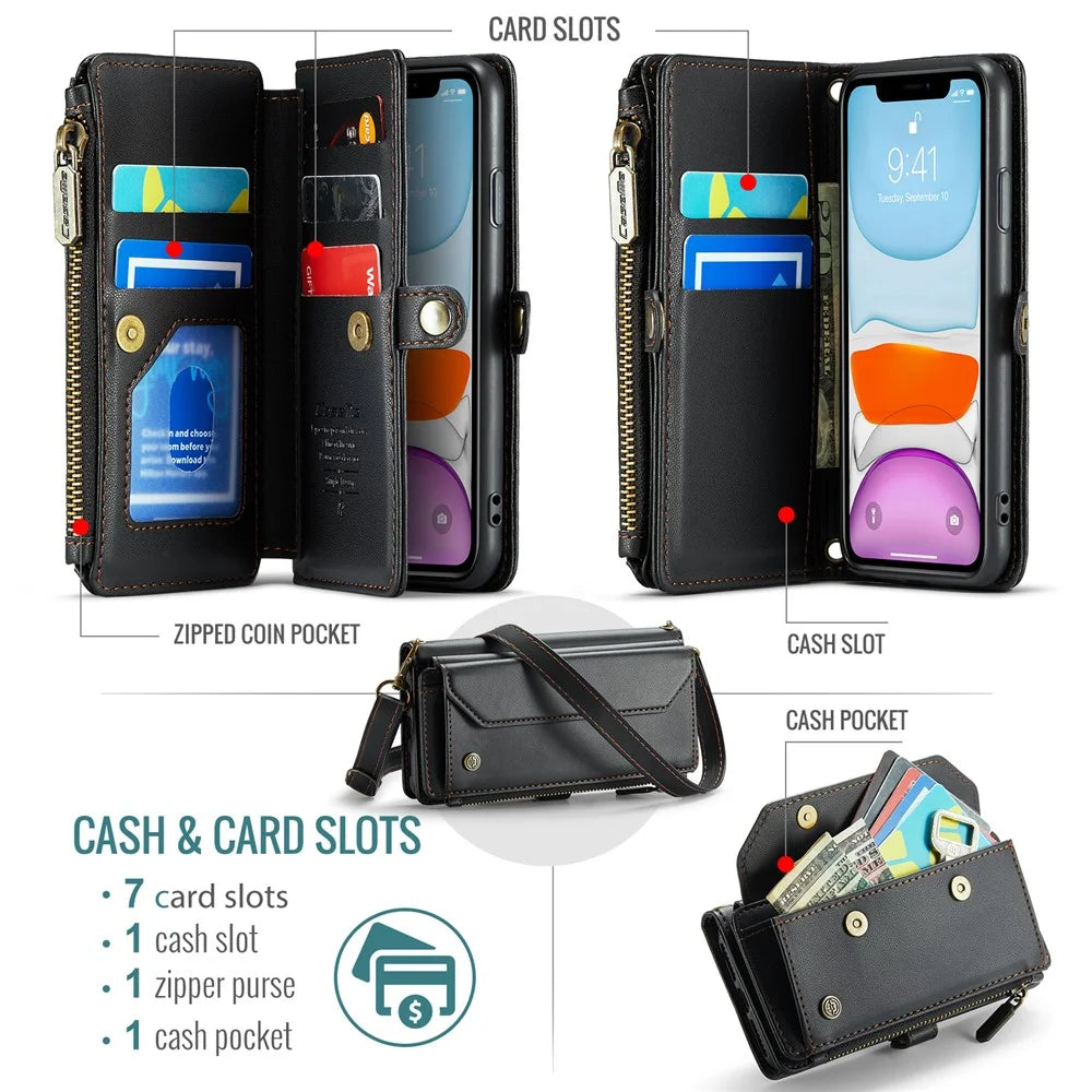For iPhone 11 Leather Case CASEME C36 Zipper Multiple Card Slots Phone Cover with Straps - Black - 4