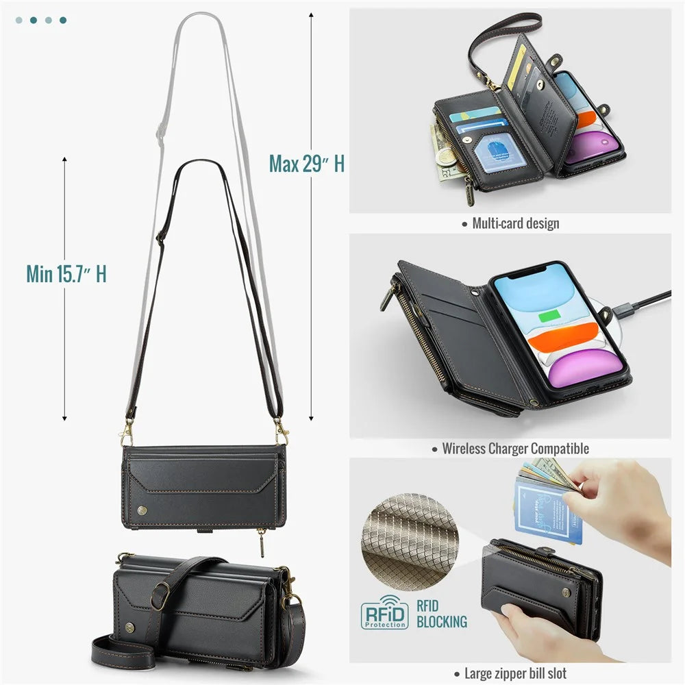 For iPhone 11 Leather Case CASEME C36 Zipper Multiple Card Slots Phone Cover with Straps - Black - 6