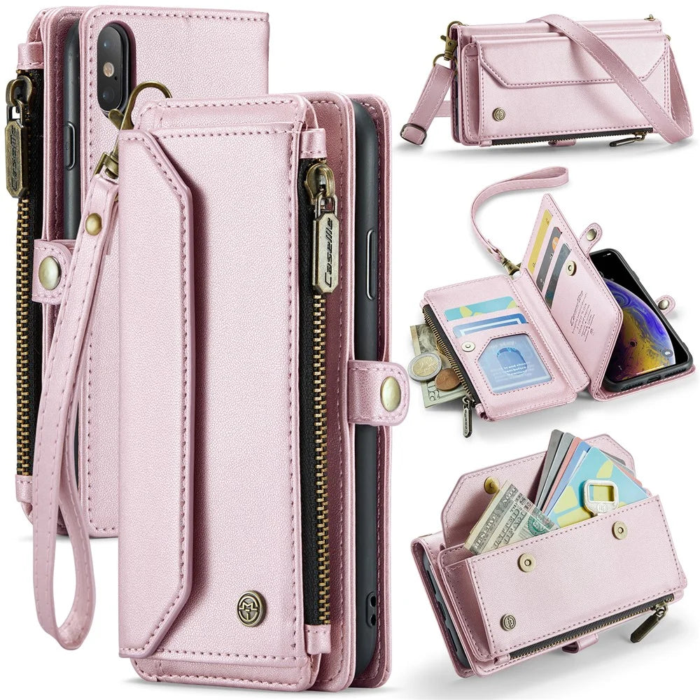For iPhone X / XS Leather Case CASEME C36 Zipper Multiple Card Slots Phone Cover with Straps - Pink - 1