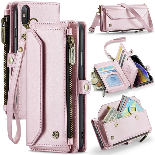 For iPhone X / XS Leather Case CASEME C36 Zipper Multiple Card Slots Phone Cover with Straps - Pink - 1