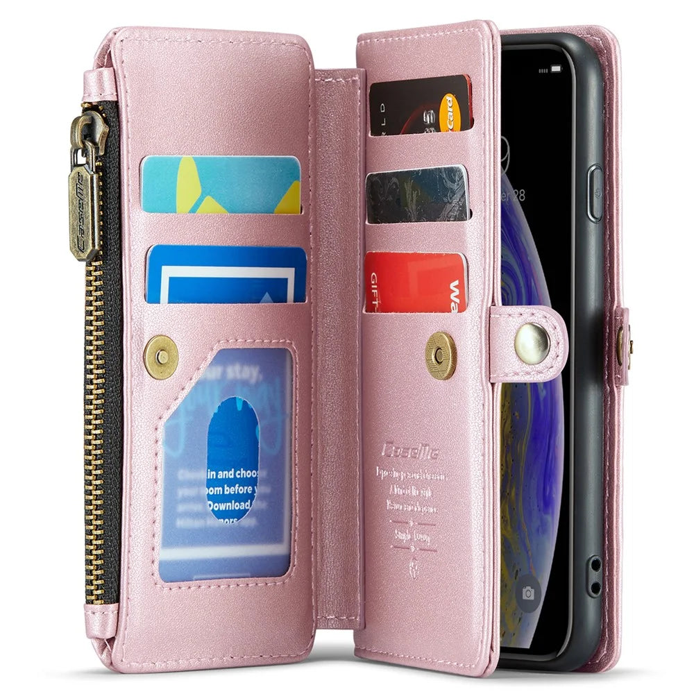 For iPhone X / XS Leather Case CASEME C36 Zipper Multiple Card Slots Phone Cover with Straps - Pink - 2