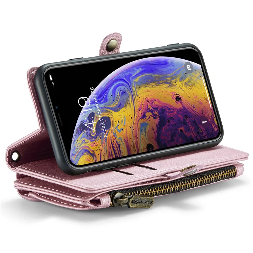 For iPhone X / XS Leather Case CASEME C36 Zipper Multiple Card Slots Phone Cover with Straps - Pink - 3