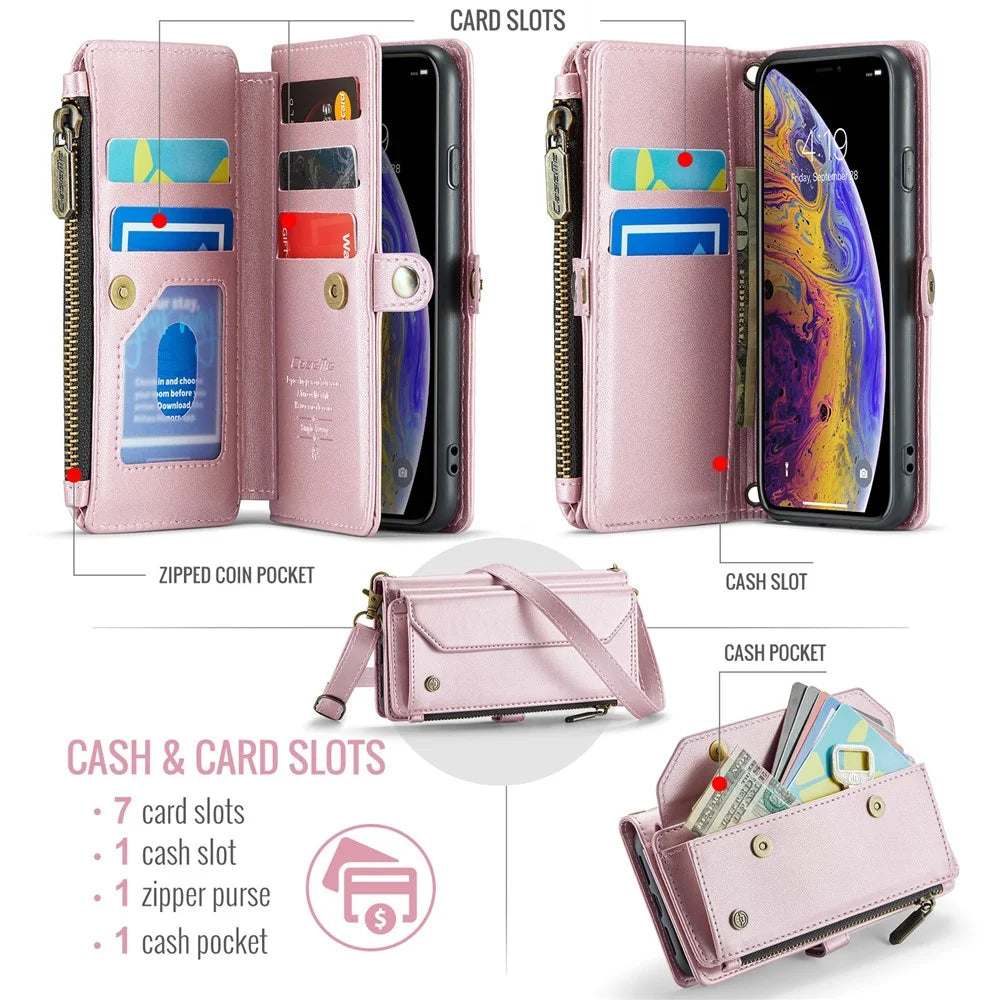 For iPhone X / XS Leather Case CASEME C36 Zipper Multiple Card Slots Phone Cover with Straps - Pink - 4