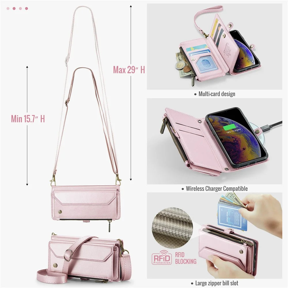 For iPhone X / XS Leather Case CASEME C36 Zipper Multiple Card Slots Phone Cover with Straps - Pink - 5