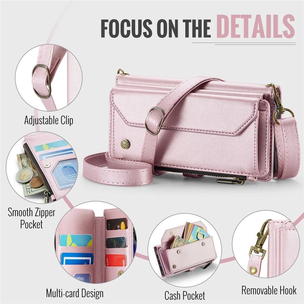 For iPhone X / XS Leather Case CASEME C36 Zipper Multiple Card Slots Phone Cover with Straps - Pink - 7