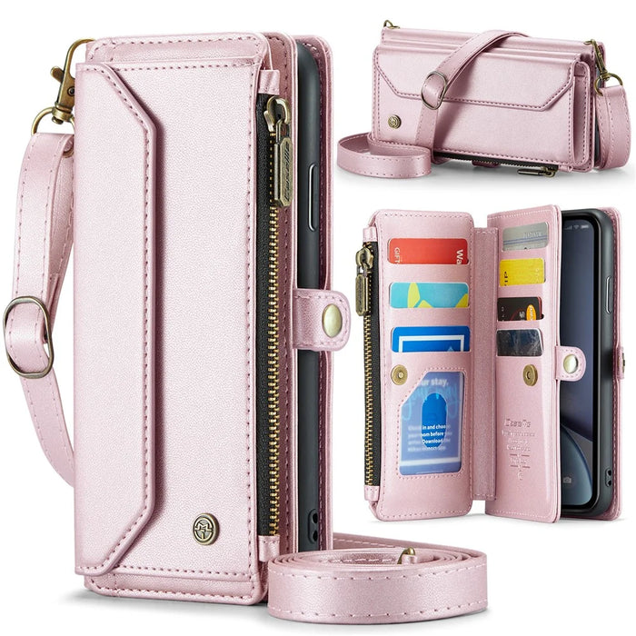 For iPhone XR Leather Case CASEME C36 Zipper Multiple Card Slots Phone Cover with Straps - Pink - 1