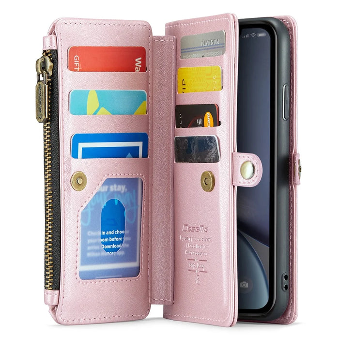 For iPhone XR Leather Case CASEME C36 Zipper Multiple Card Slots Phone Cover with Straps - Pink - 2