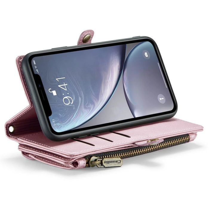 For iPhone XR Leather Case CASEME C36 Zipper Multiple Card Slots Phone Cover with Straps - Pink - 3