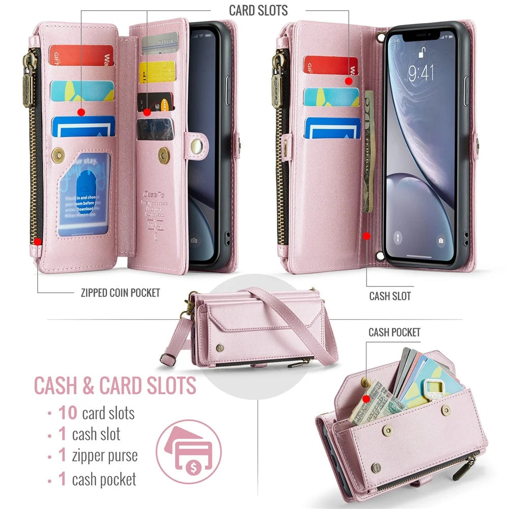 For iPhone XR Leather Case CASEME C36 Zipper Multiple Card Slots Phone Cover with Straps - Pink - 4