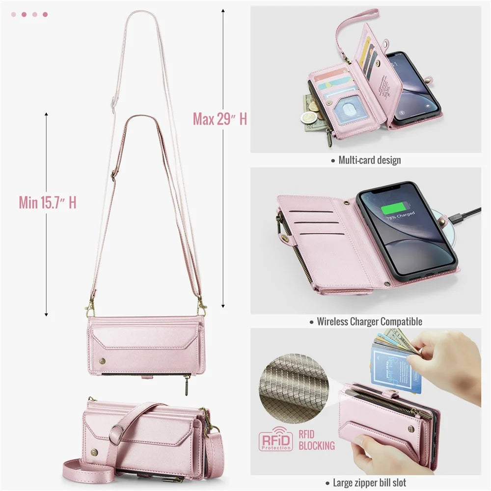 For iPhone XR Leather Case CASEME C36 Zipper Multiple Card Slots Phone Cover with Straps - Pink - 5