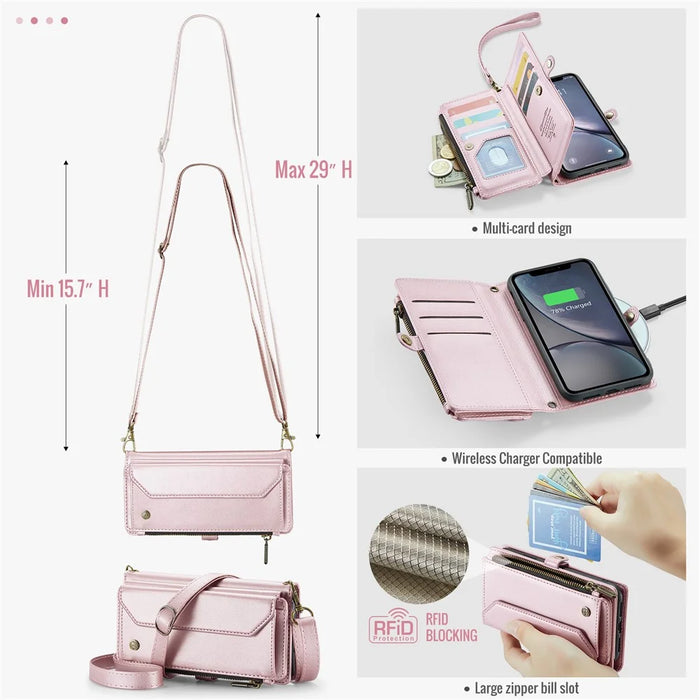 For iPhone XR Leather Case CASEME C36 Zipper Multiple Card Slots Phone Cover with Straps - Pink - 5