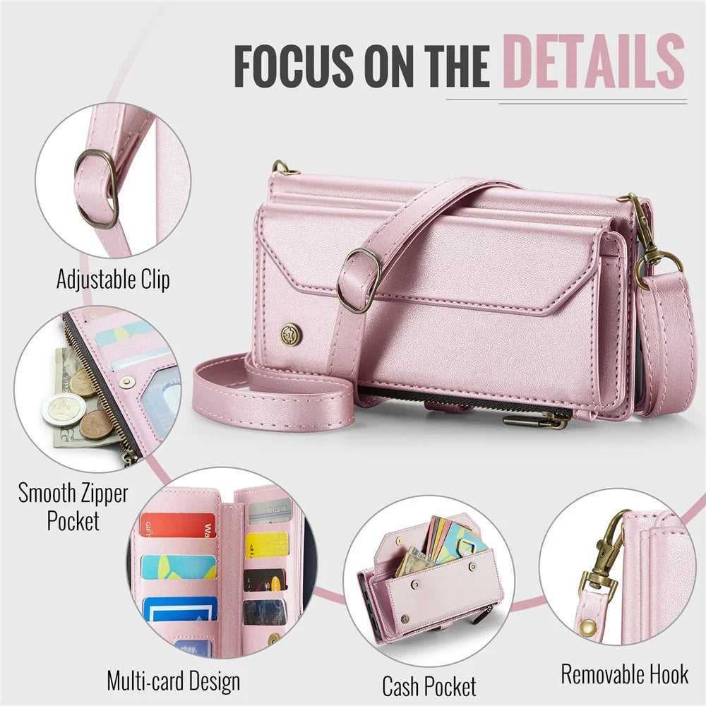 For iPhone XR Leather Case CASEME C36 Zipper Multiple Card Slots Phone Cover with Straps - Pink - 7