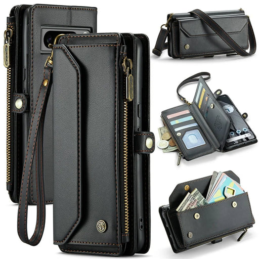 For Google Pixel 8 Pro Leather Case CASEME C36 Zipper Multiple Card Slots Phone Cover with Straps - Black - 1
