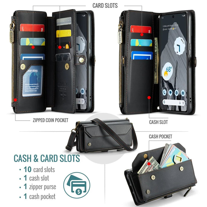 For Google Pixel 8 Pro Leather Case CASEME C36 Zipper Multiple Card Slots Phone Cover with Straps - Black - 4