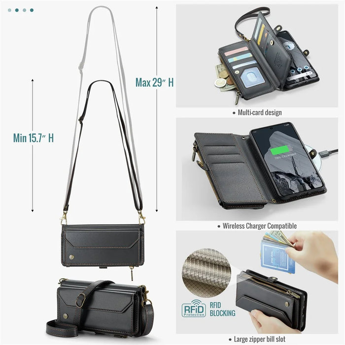For Google Pixel 8 Pro Leather Case CASEME C36 Zipper Multiple Card Slots Phone Cover with Straps - Black - 7