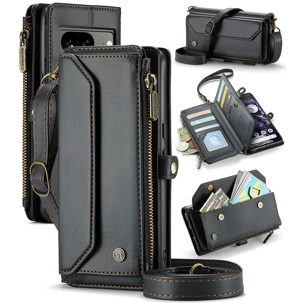 For Google Pixel 8 Leather Case CASEME C36 Zipper Multiple Card Slots Phone Cover with Straps - Black - 1