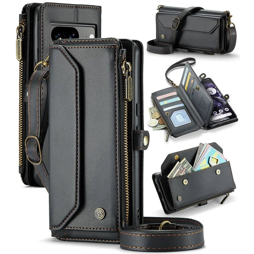 For Google Pixel 8 Leather Case CASEME C36 Zipper Multiple Card Slots Phone Cover with Straps - Black - 1