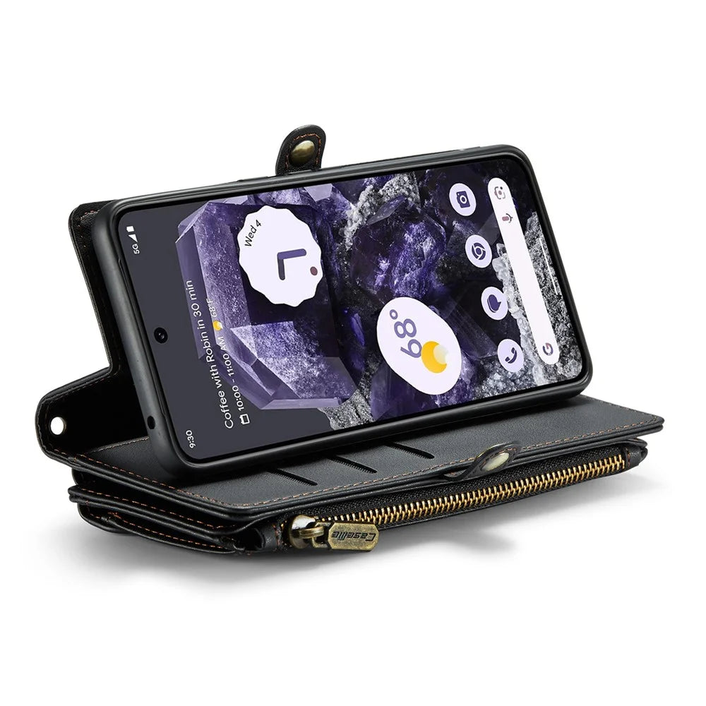 For Google Pixel 8 Leather Case CASEME C36 Zipper Multiple Card Slots Phone Cover with Straps - Black - 3
