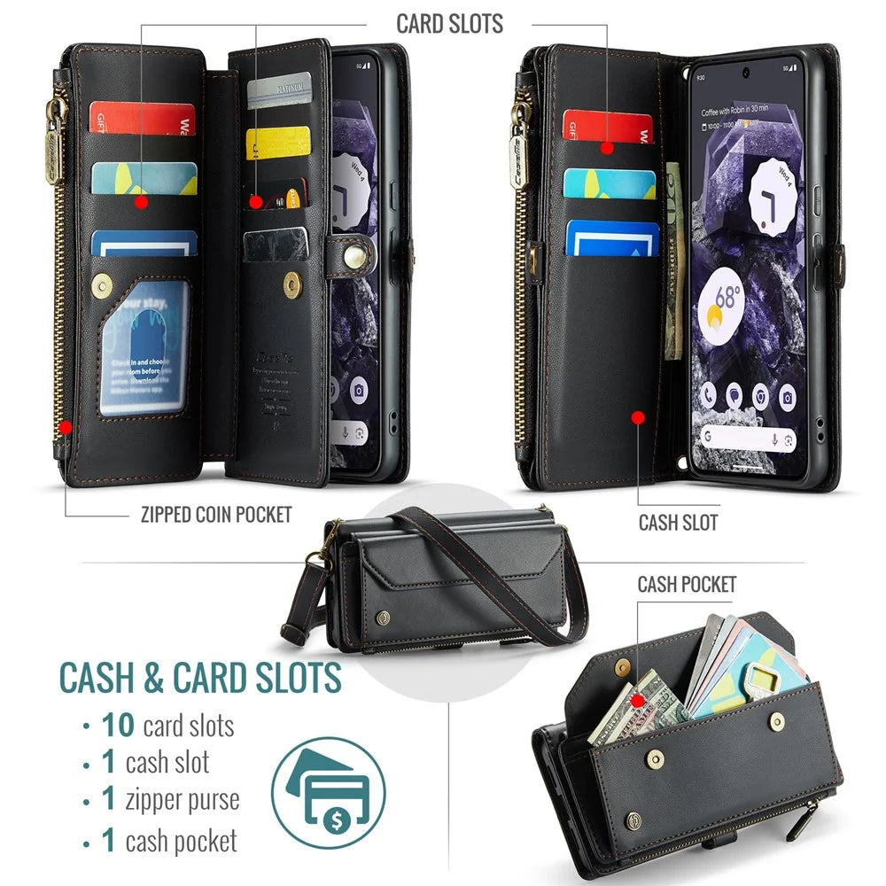 For Google Pixel 8 Leather Case CASEME C36 Zipper Multiple Card Slots Phone Cover with Straps - Black - 4