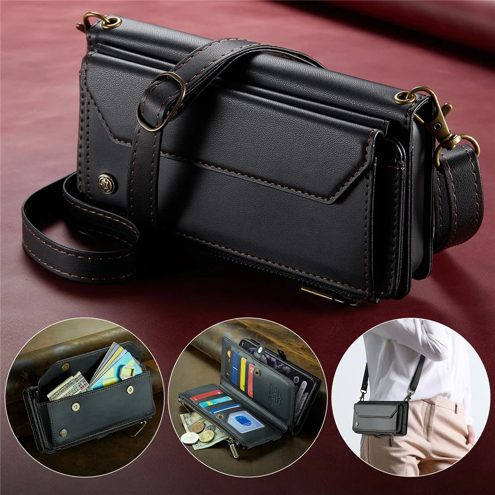 For Google Pixel 8 Leather Case CASEME C36 Zipper Multiple Card Slots Phone Cover with Straps - Black - 5